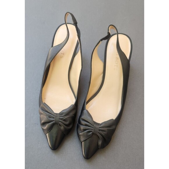 TALBOTS Jodee Black Leather Size 7M Shoes Bow Pointy Toe Slingback Kitten Heels - Picture 3 of 11